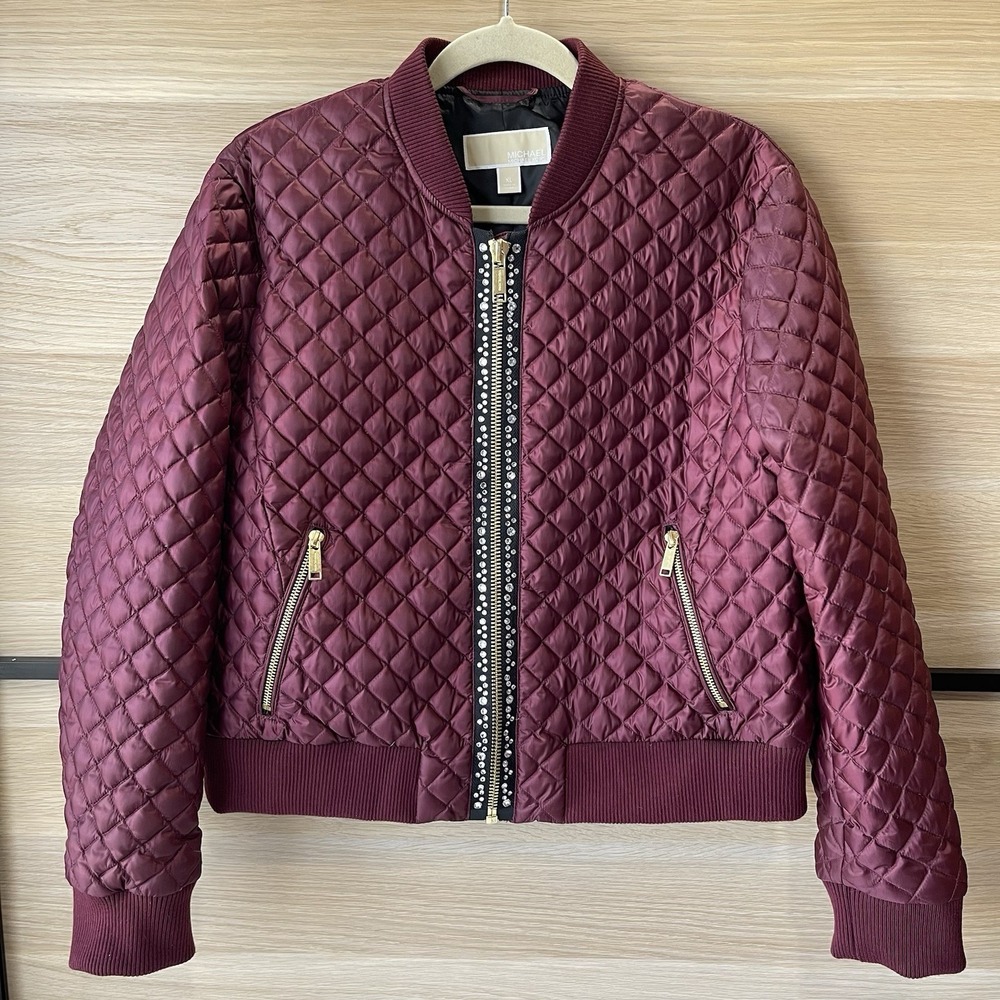 Michael Kors Merlot Quilted Studded Bomber Jacket Rhinestone Gold Zip Puffer‎ XL